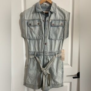 Happy X Nature Kate Hudson Denim Utility Romper Light Wash Tie‎ Waist Button